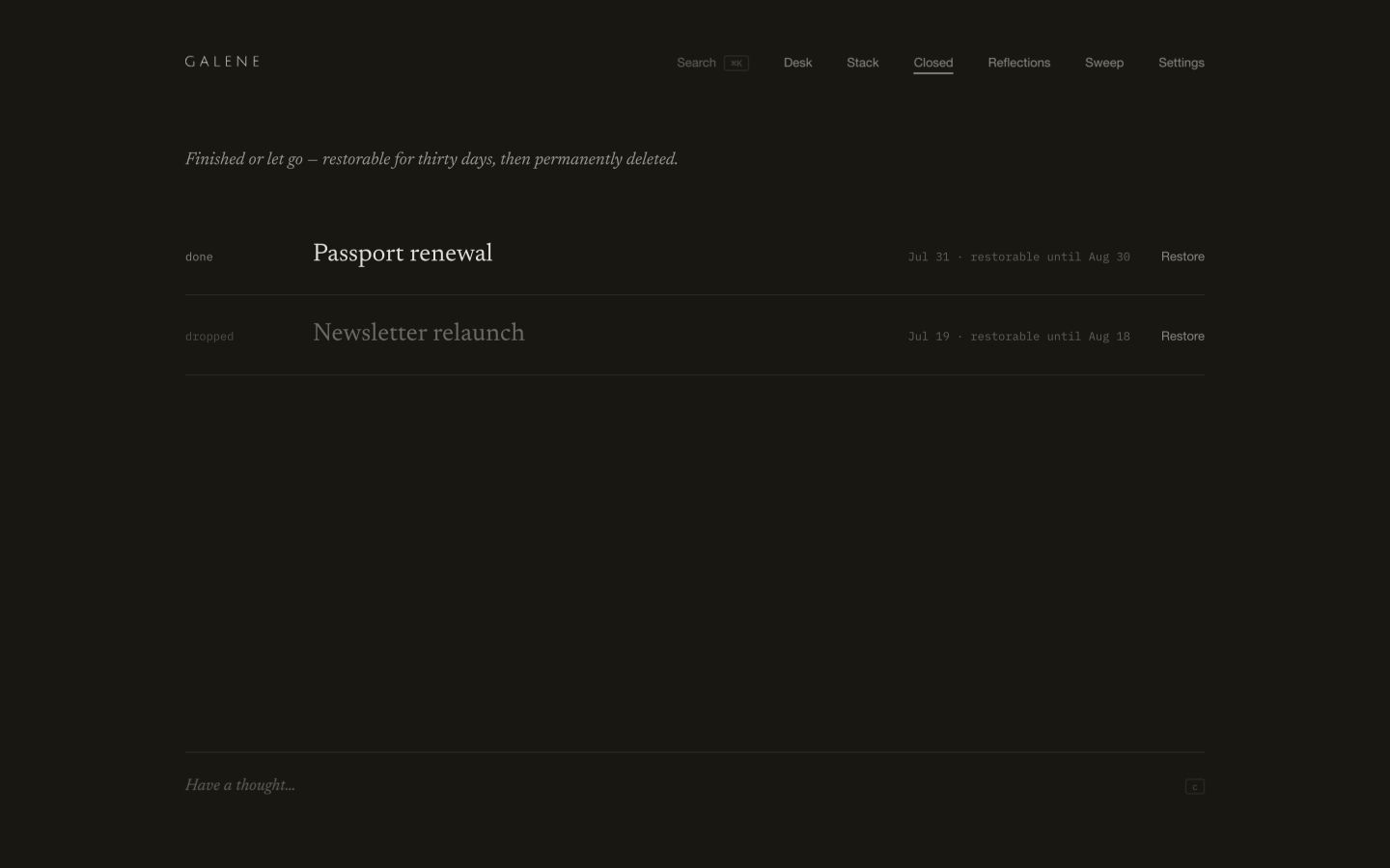 The Galene closed shelf in the dark theme: finished and dropped threads, each with the date it stops being restorable.