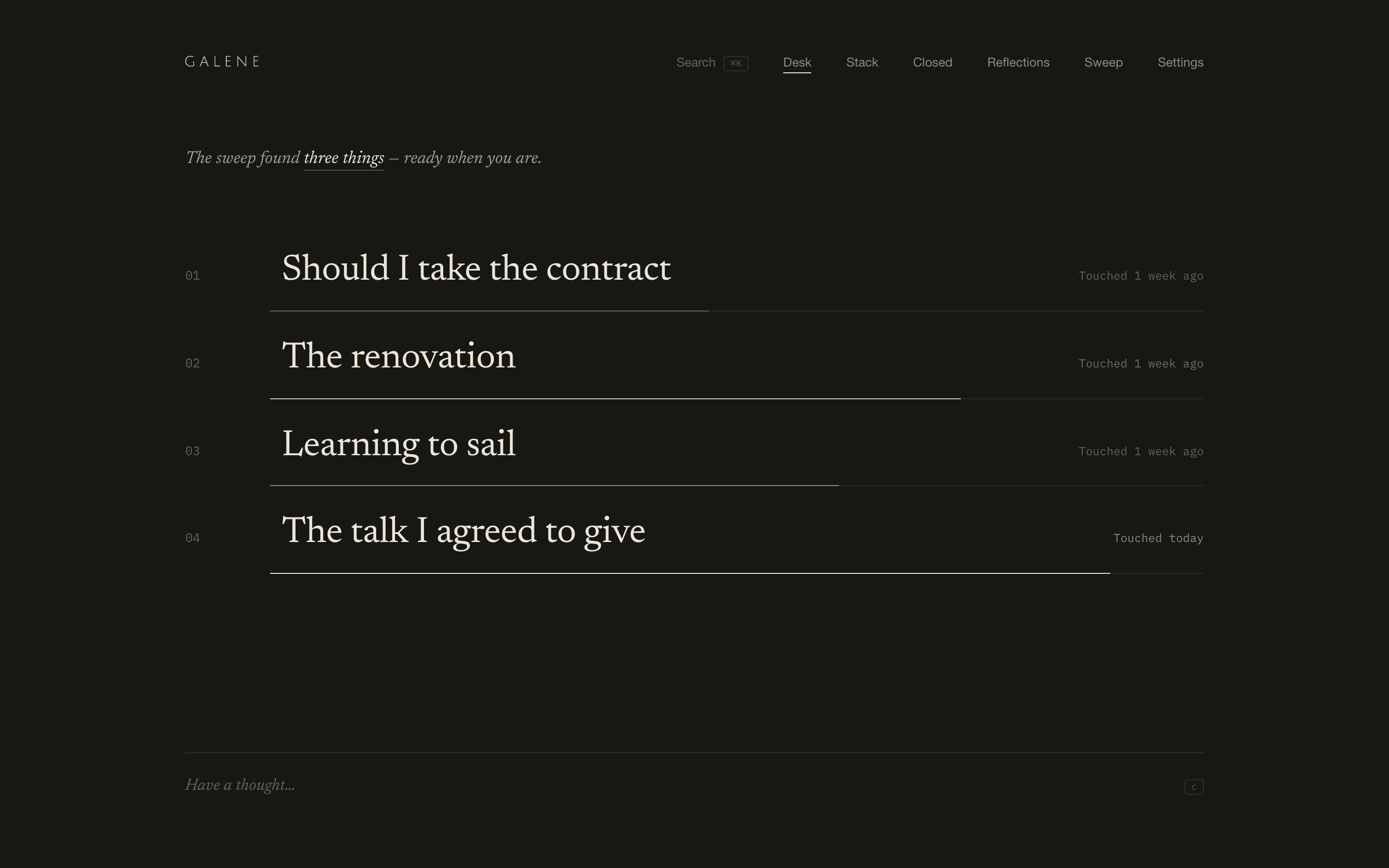 The Galene desk in the dark theme: four active threads, each with its last movement.